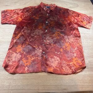 Bugle Boy Mens Button Up Shirt XL Rust Abstract Print Short Sleeve Retro